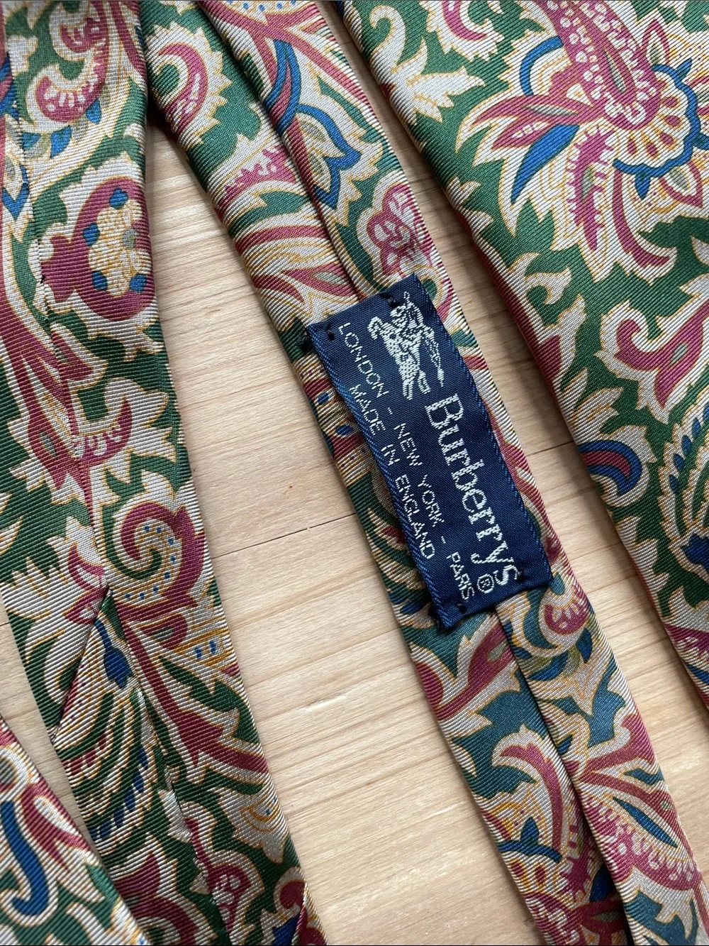 Burberry Green and Beige Paisley Silk Tie with Red & Blue Accents